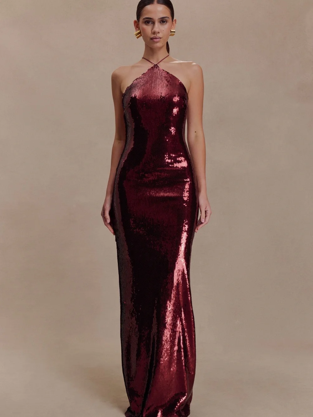 Meshki Sequin Halter Evening Gown - Burgundy - Picture 1 of 3
